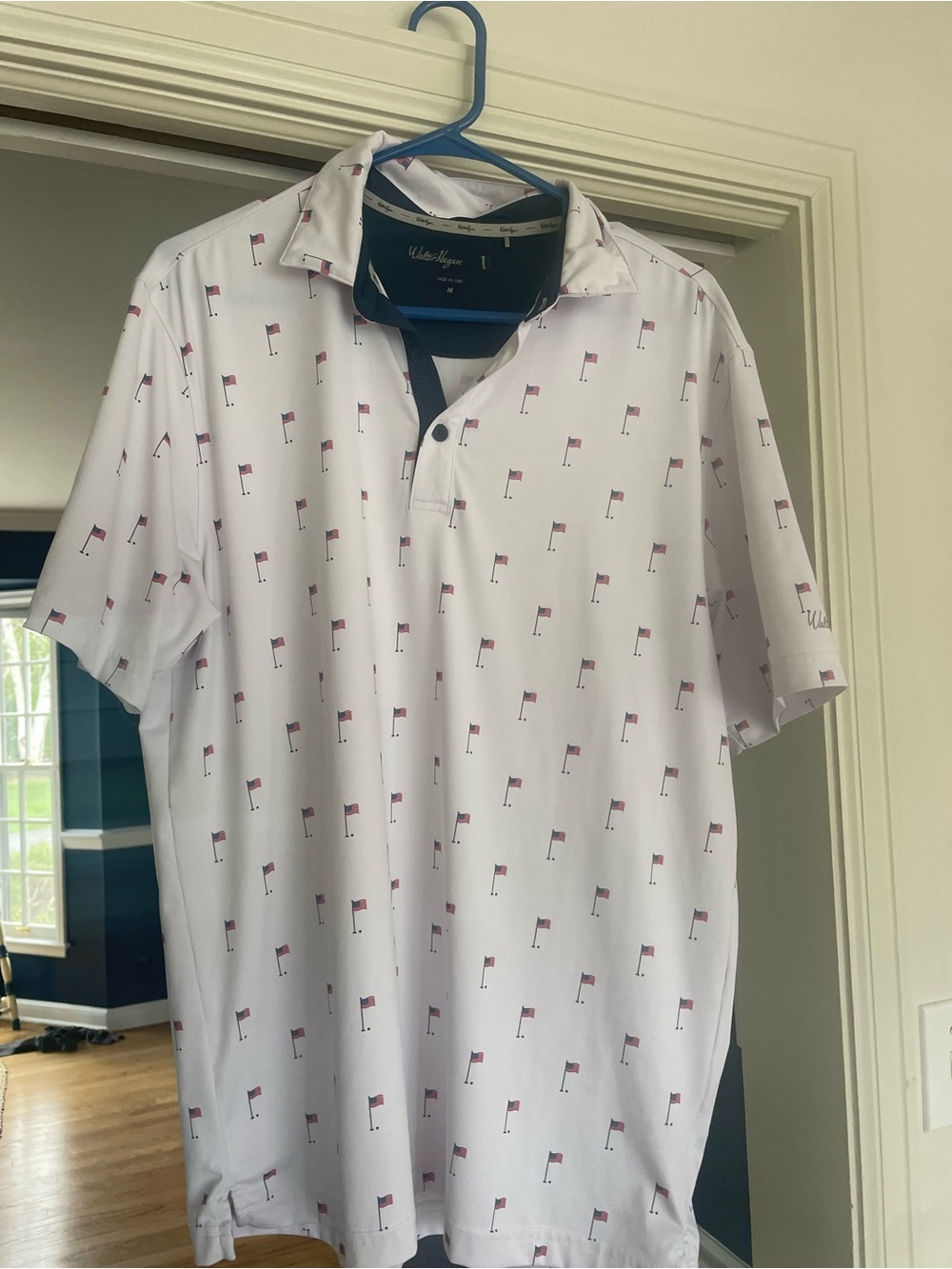 Walter Hagen mens M Polo Red Blue Flag Print golf 4th of July performance top
